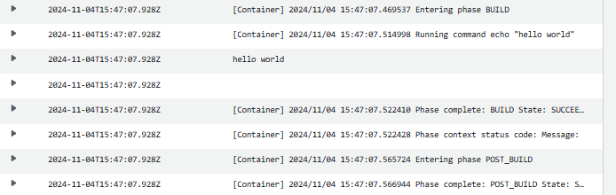 A página de registros CloudWatch de um pipeline com a regra de comandos