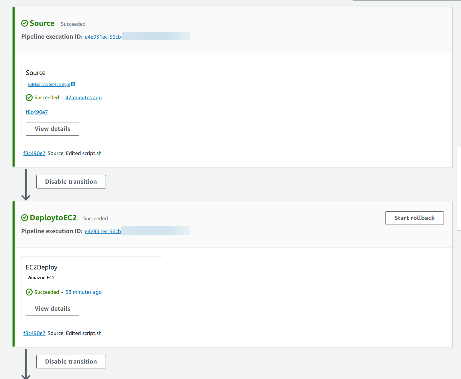Um diagrama de console mostrando uma execução bem-sucedida do pipeline com a ação de implantação adicionada ao pipeline.