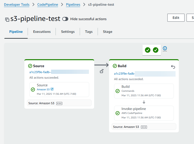 Um pipeline com uma origem S3 e um estágio de compilação que inclui a ação invocar do pipeline