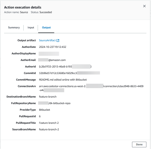 Uma página de saída da ação de exemplo para um pipeline iniciado com um tipo de filtro pull request acionador