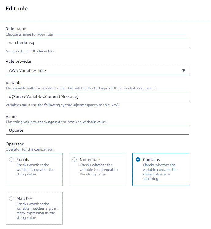 A página de criação de regras para a verificação da variável “contains”