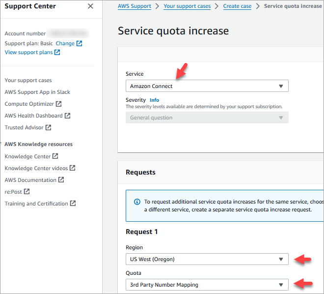 O caso do AWS Support para solicitar mapeamento de números de terceiros.
