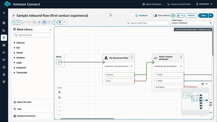Um GIF que mostra como navegar, selecionar e mover blocos na tela.