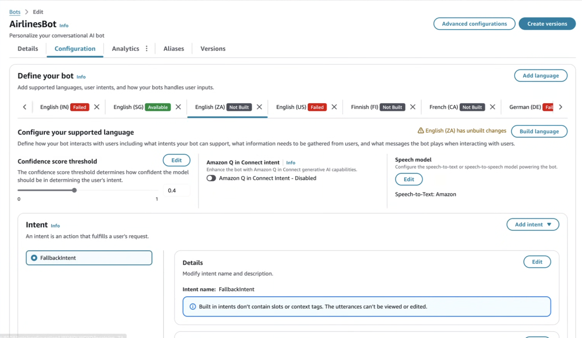 A página de configuração do seu bot conversacional de IA.