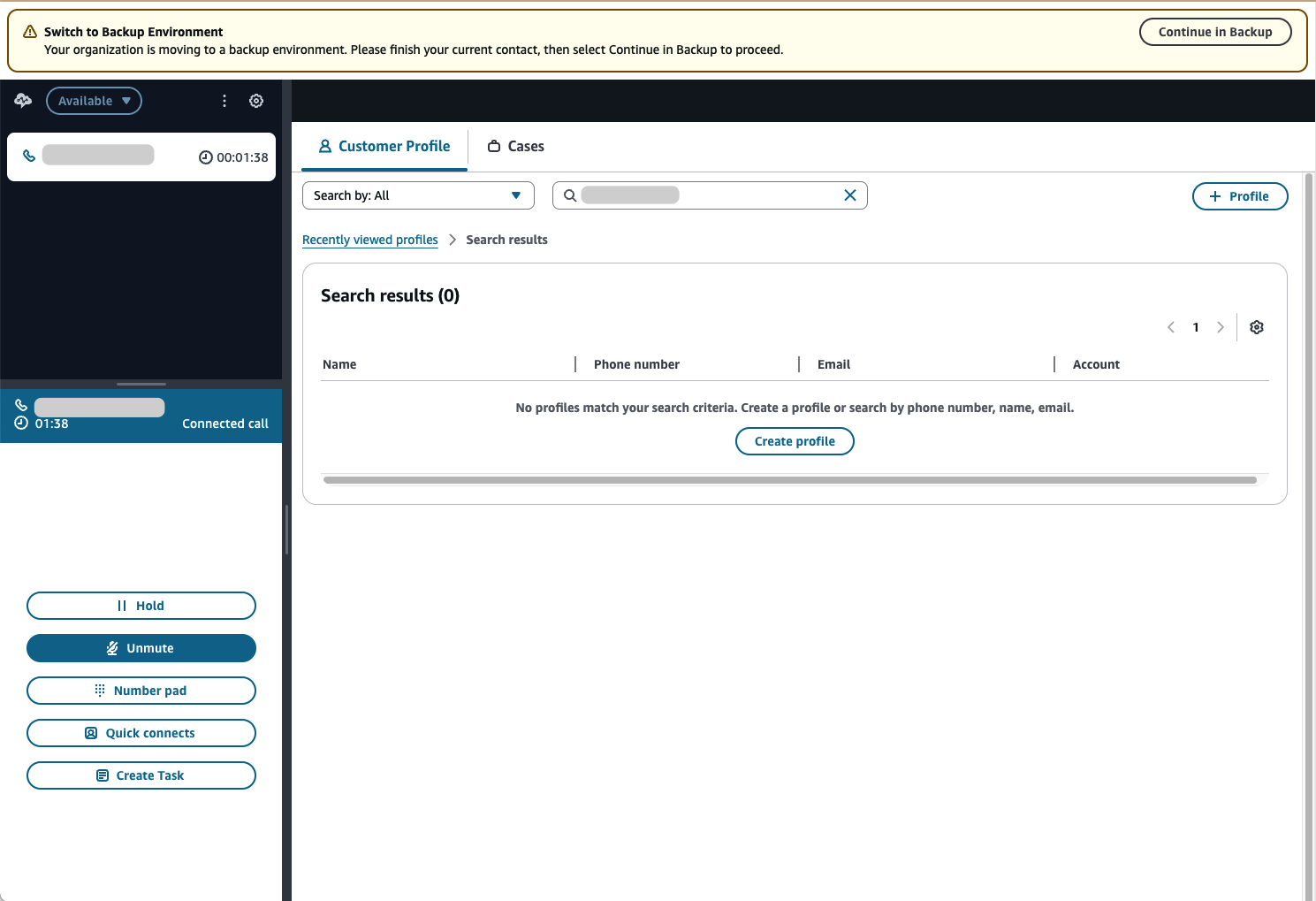 A interface do Agent Workspace mostrando um banner que destaca o failover regional durante os ajustes do TDG.