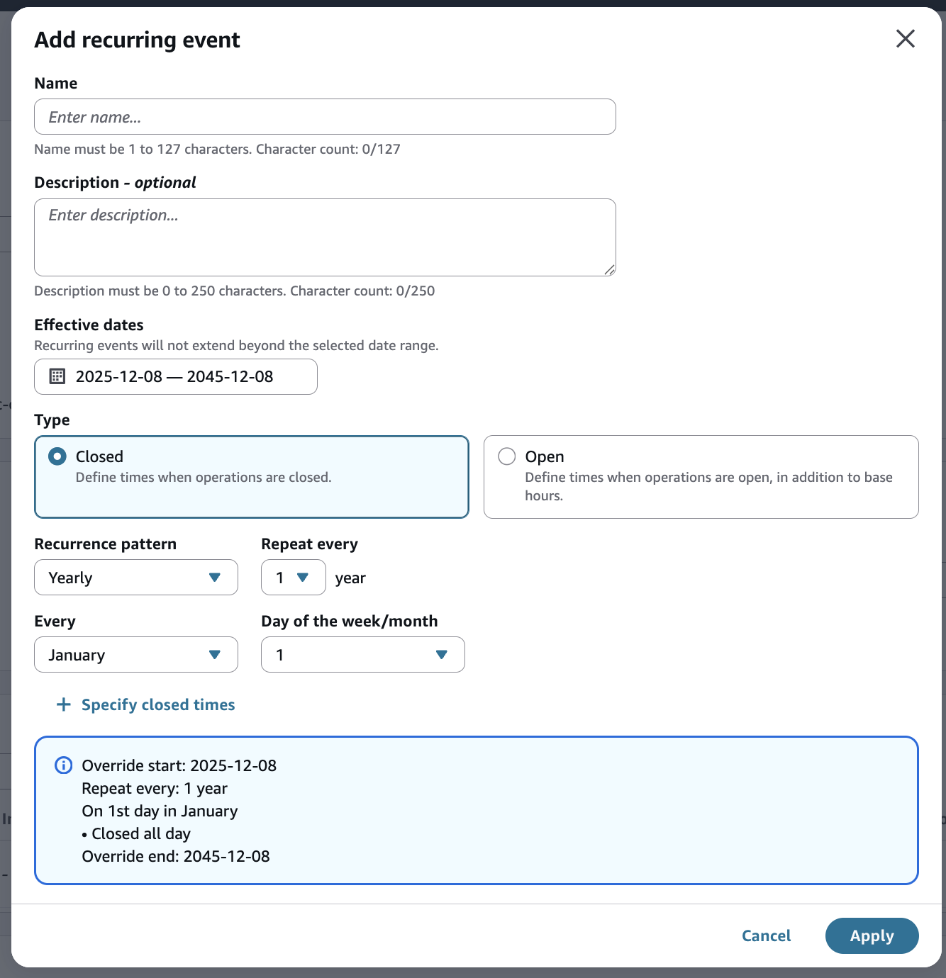 Caixa de diálogo para adicionar um evento recorrente em qualquer dia da semana.