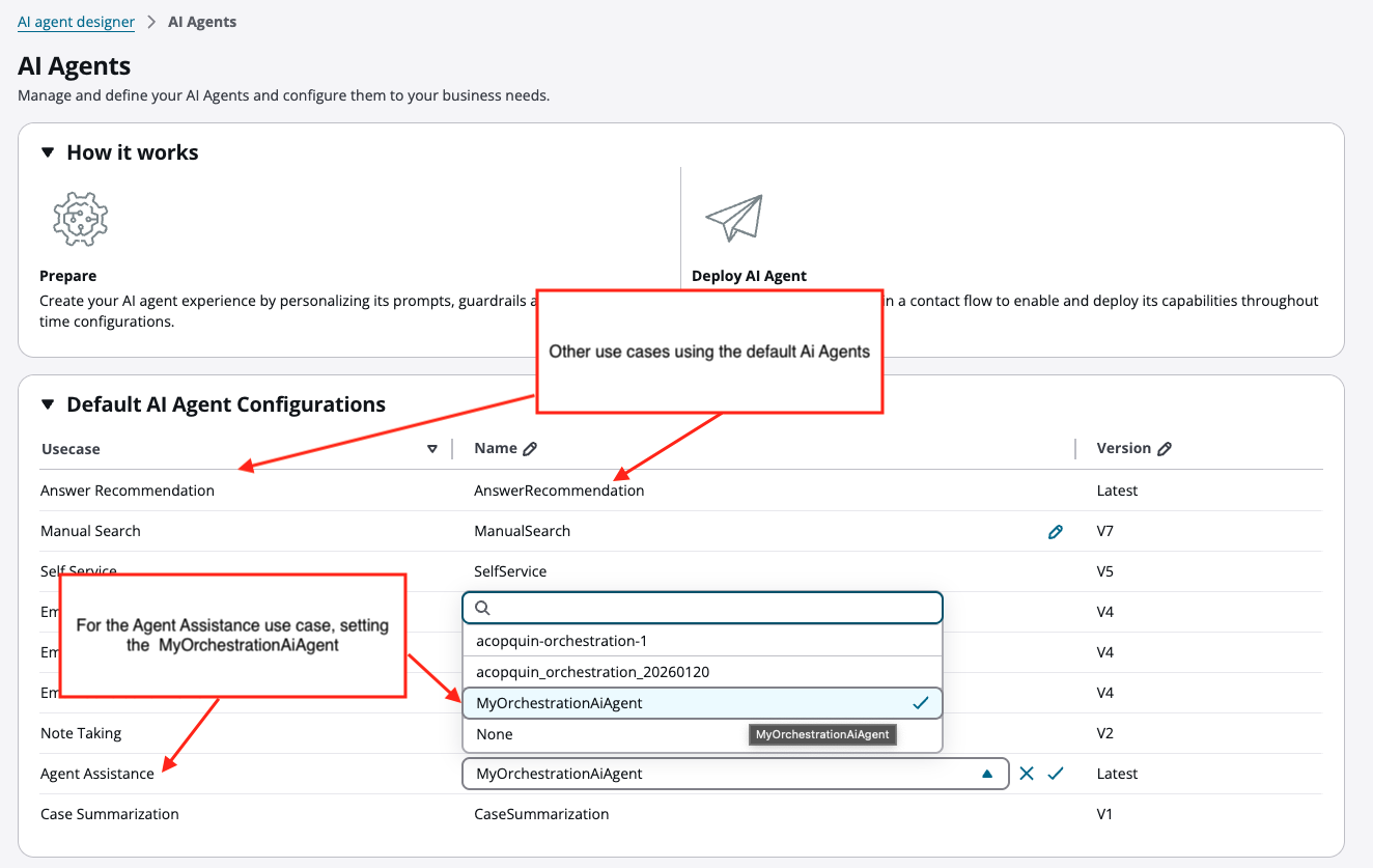 Os agentes de IA padrão e personalizados especificados para o Amazon Connect