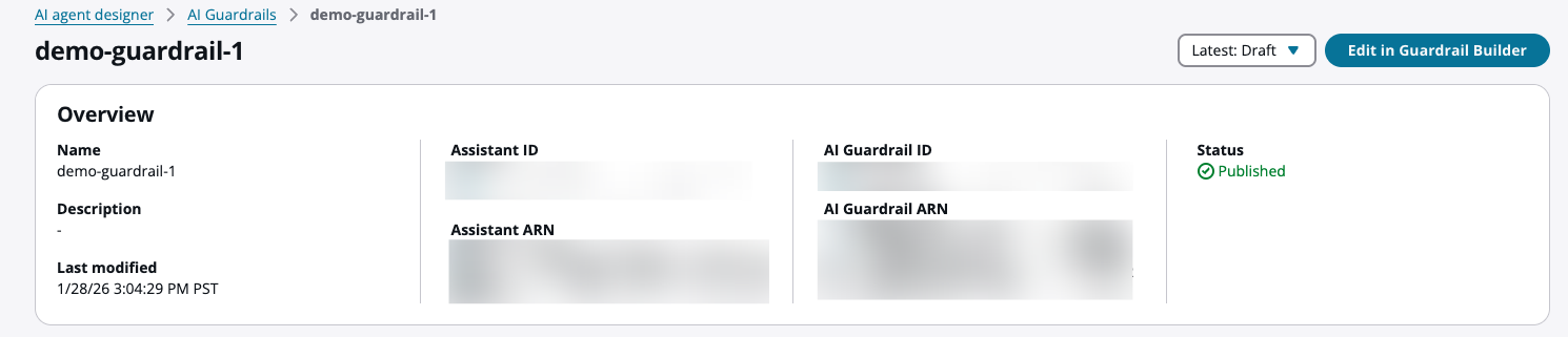 A página da barreira de proteção de IA com o status de visibilidade definido como Publicada.