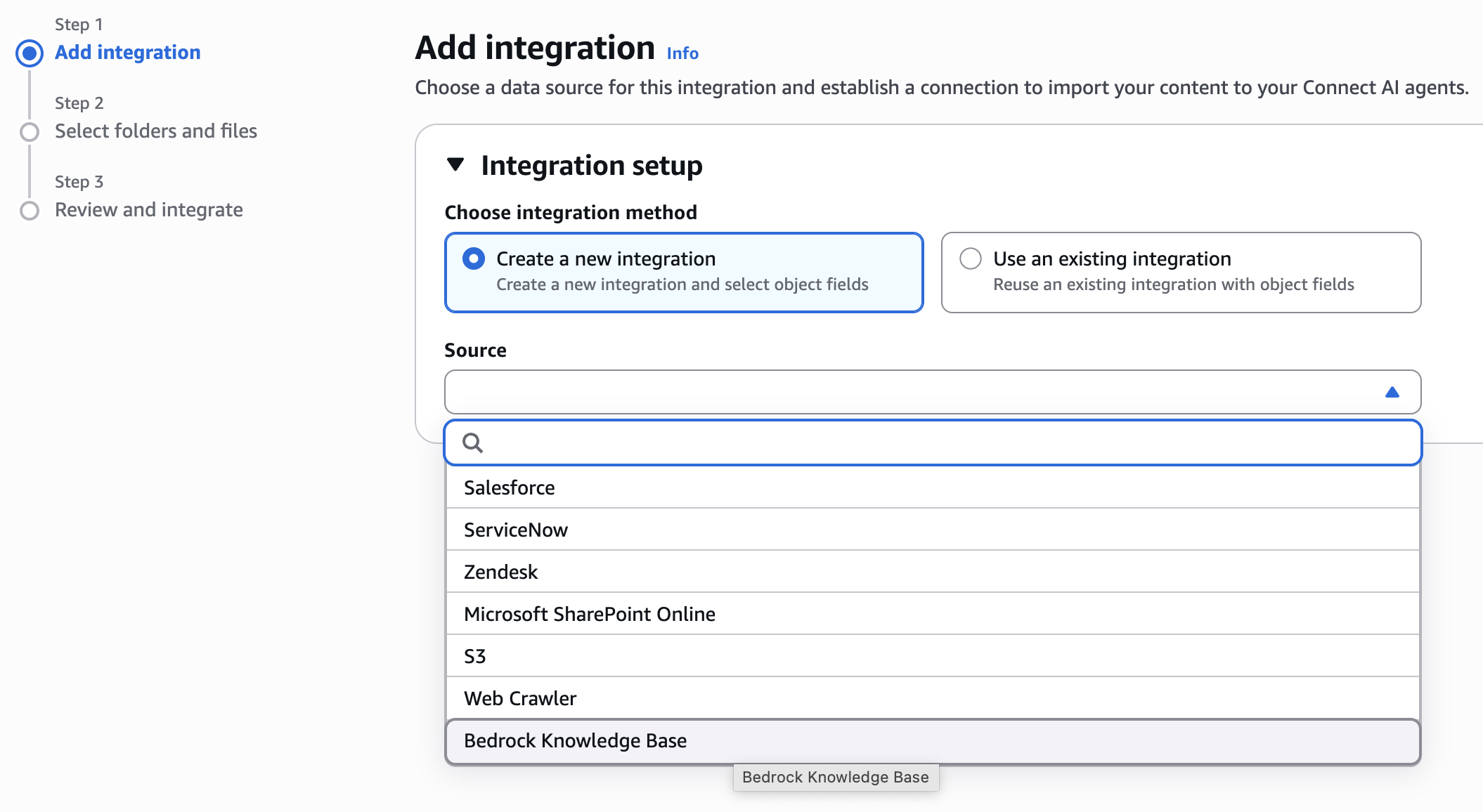 Selecionando a base de conhecimento Bedrock na lista de fontes de dados