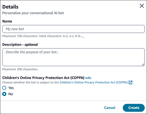 Página Detalhes da criação do bot com configurações de nome, descrição e COPPA.