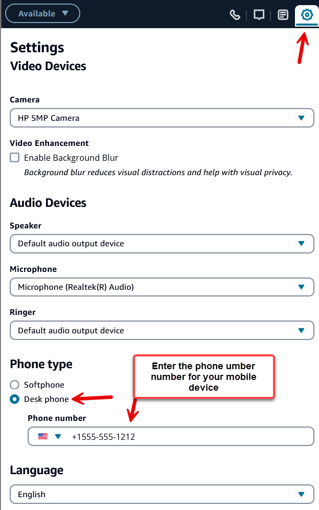 A página Configurações, a opção Telefone de mesa e um exemplo de número de telefone.