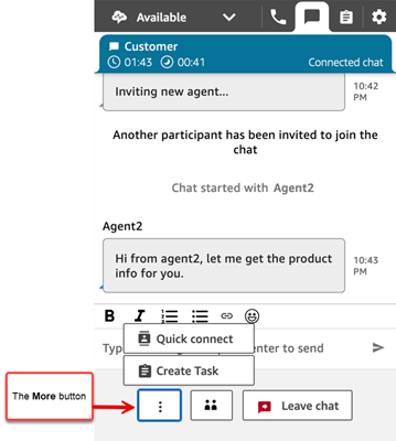 Um contato de chat no CCP e o botão Mais.