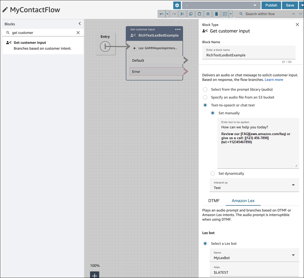 Imagem de um bloco de fluxo e um prompt com dois links, um para Perguntas frequentes e outro para um número de telefone.