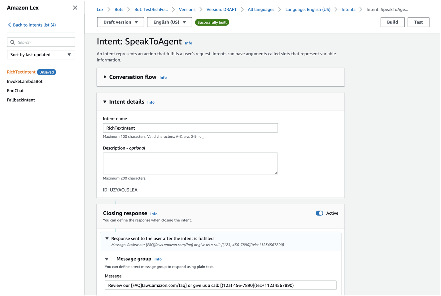 Imagem de uma intenção do Amazon Lex contendo um prompt com dois links, um para Perguntas frequentes e outro para um número de telefone.