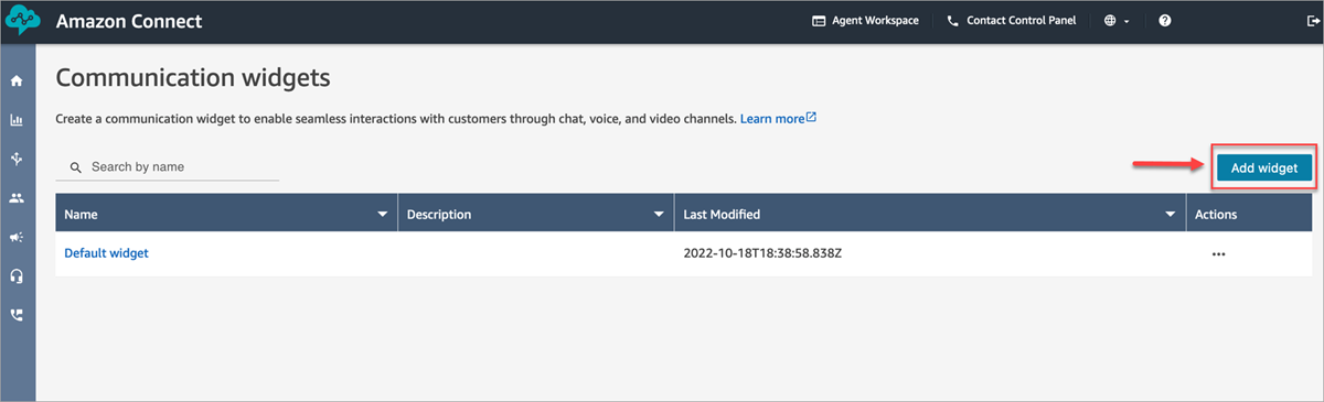 Na página de widgets de comunicação, adicione o link do botão do widget de comunicação.