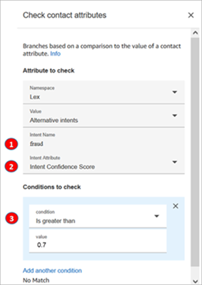 A página de propriedades do bloco Verificar atributos de contato configurada para uma intenção alternativa.