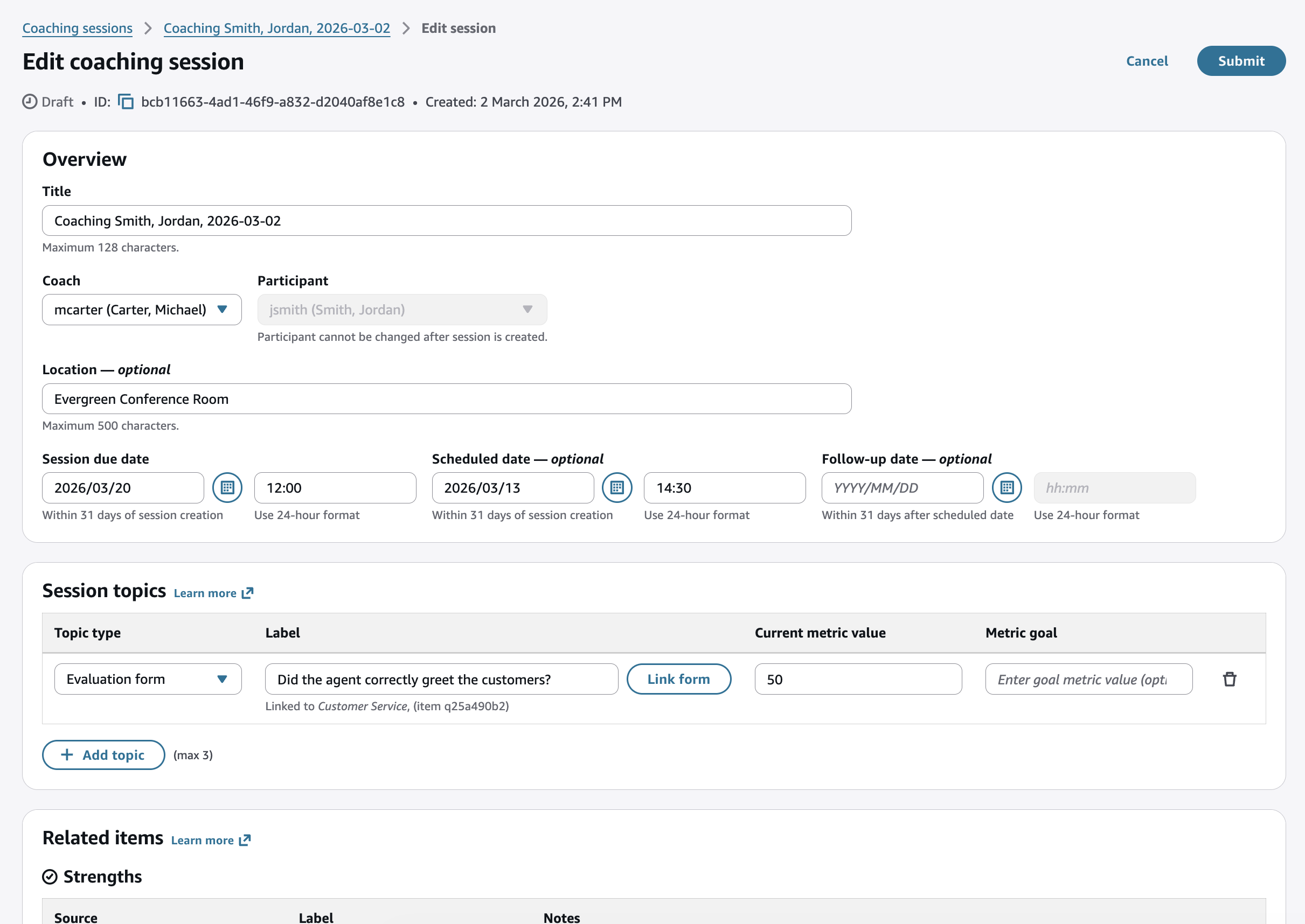 A página de edição da sessão de treinamento com campos para datas, horários, local, feedback e metas.