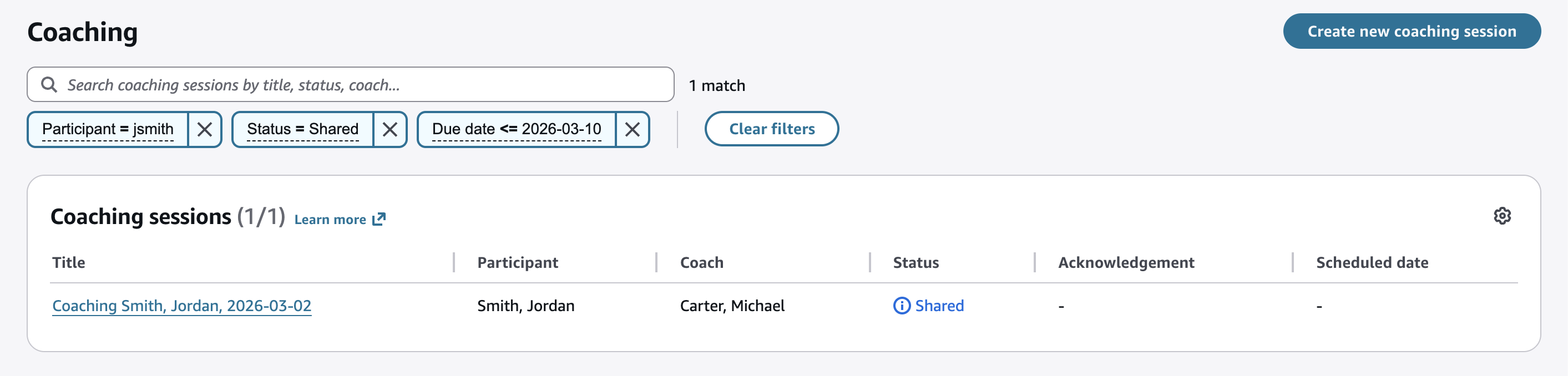 A página de pesquisa das sessões de coaching com opções de filtro.