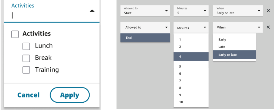 Opções para configurar um early/late limite de 5 minutos para pausas.