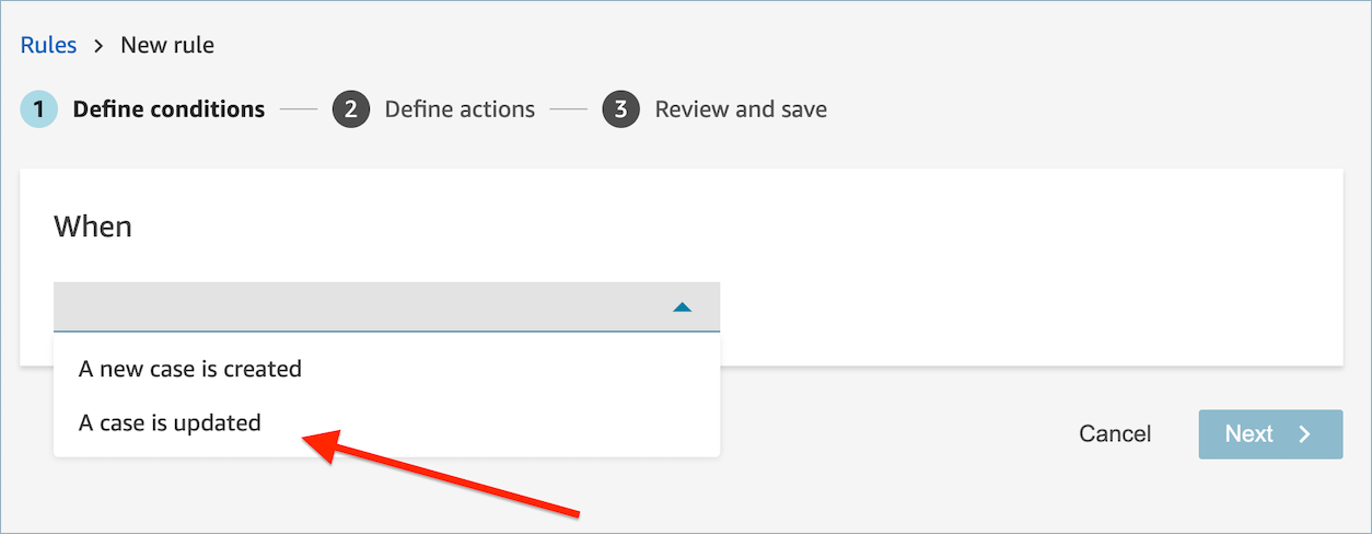 A página Nova regra, o menu suspenso Adicionar ação e a opção de caso adicionado.