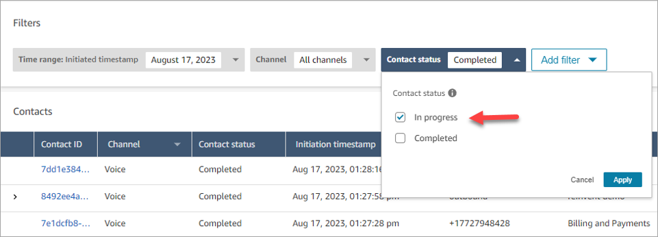 O filtro Em andamento.