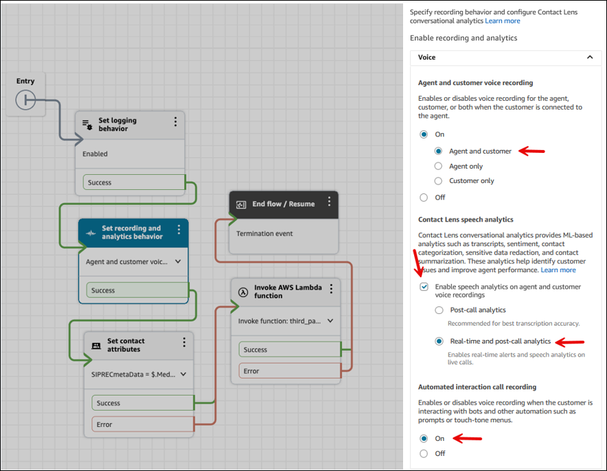 A página Propriedades do bloco Definir comportamento e analytics das gravações.
