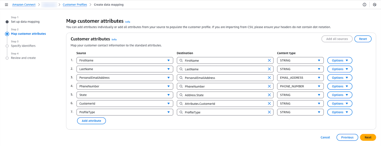 Em seguida, mapeie os atributos de perfil de cliente. Anote o destino chamado ProfileType.