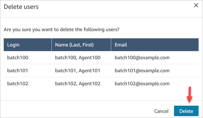 A página Excluir usuário, botão Excluir.
