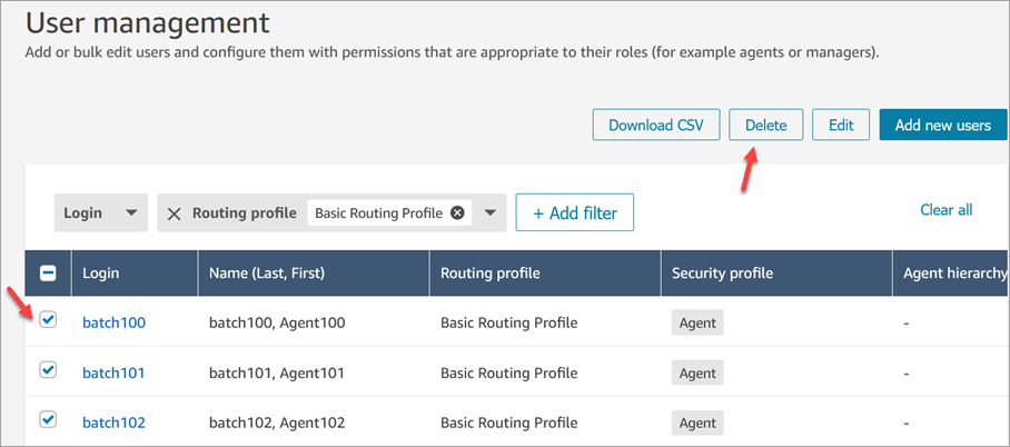 A página Gerenciamento de usuários, opção Excluir.