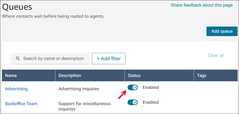 A página Filas e o botão de alternância Status.