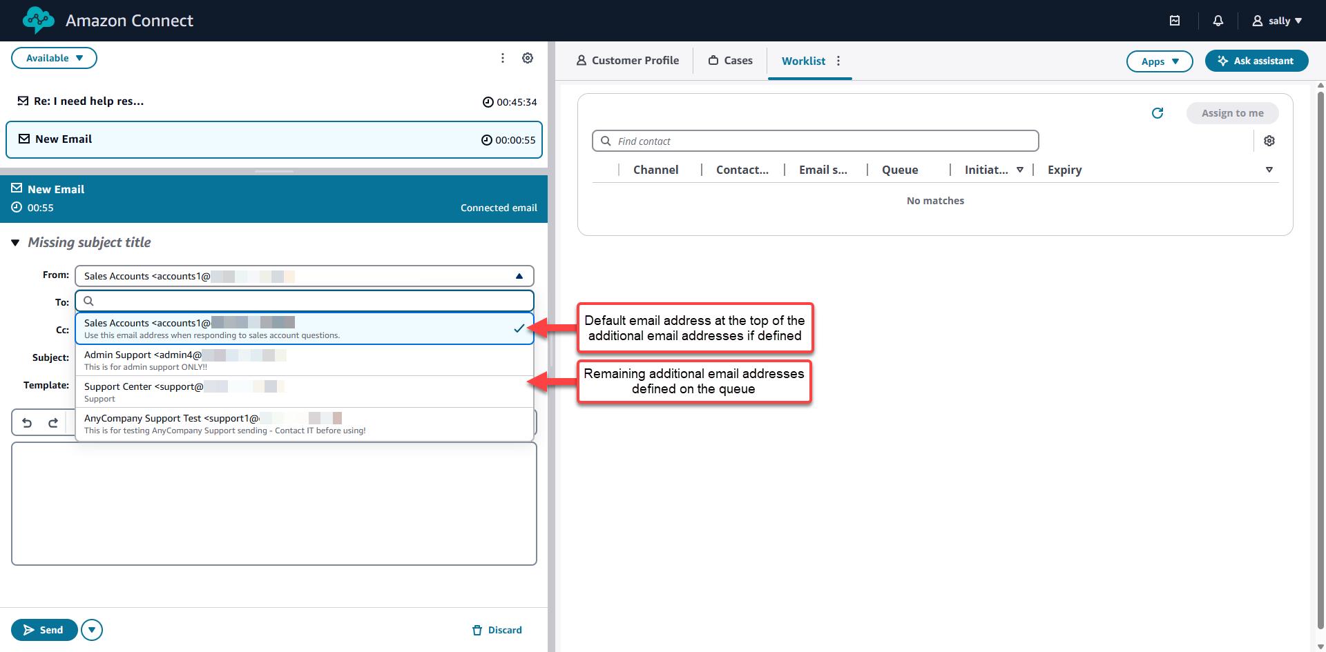 O menu suspenso Endereço do remetente ao iniciar um e-mail de saída, mostrando o endereço de e-mail padrão do perfil de roteamento do agente na parte superior, seguido por endereços adicionais.