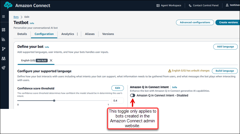 Um exemplo de página de configuração de um bot não configurado.