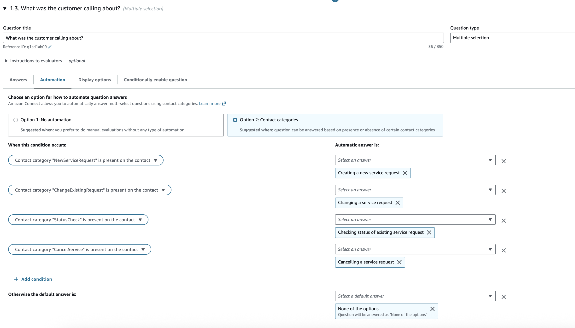 Uma seção de perguntas e a guia Automação com categorias do Contact Lens.
