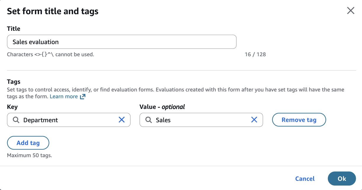 A página Formulários de avaliação e a seção Definir título do formulário.