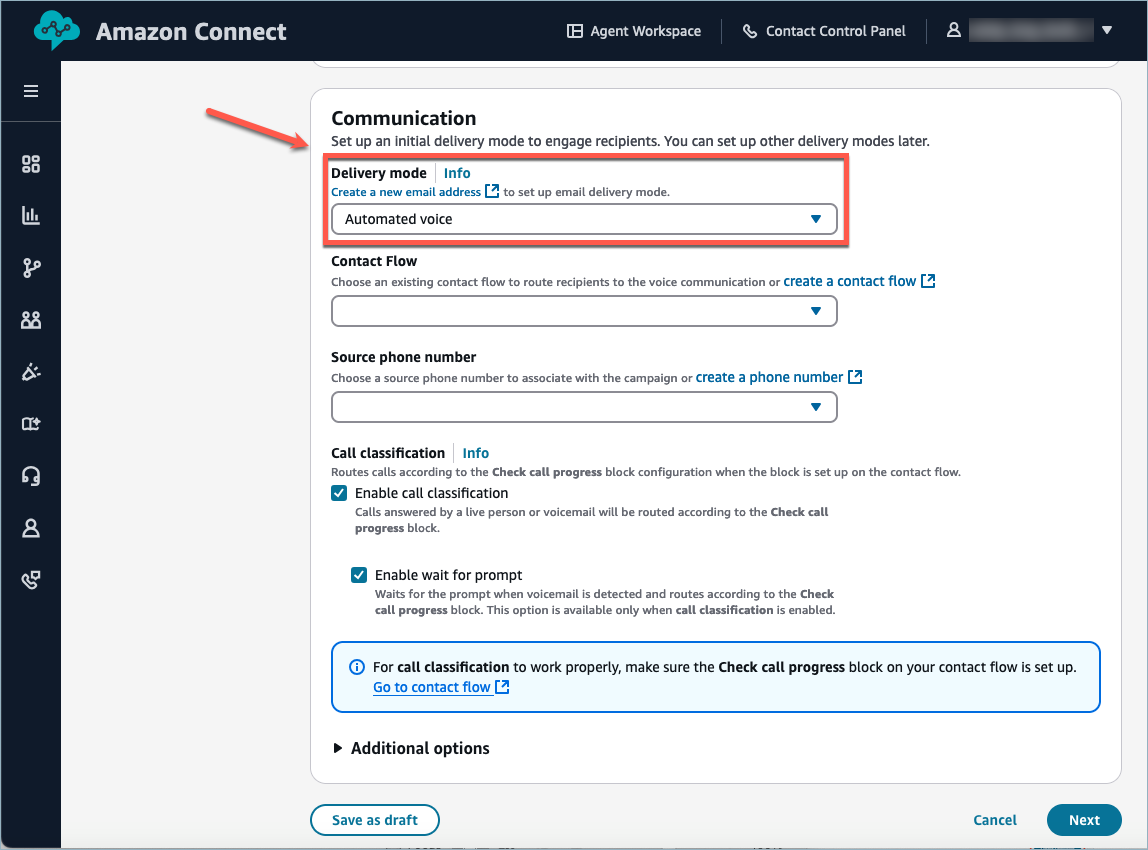 Seleção do modo de entrega e configurações adicionais de comunicação para campanhas acionadas por eventos.