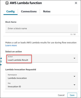 A ação Carregar resultado do Lambda na guia Config. AWS Lambda