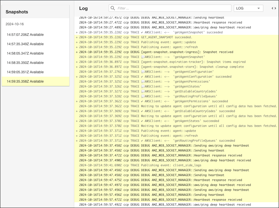 O analisador de logs do CCP mostrando o painel Snapshots com informações de status do atendente.