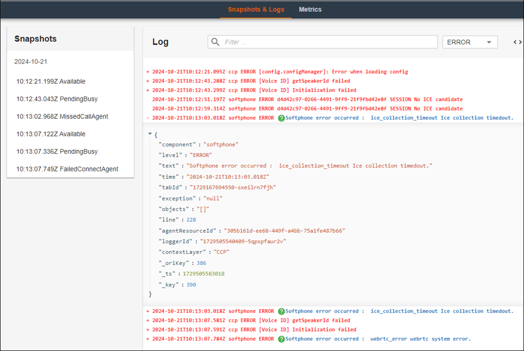 O analisador de logs do CCP exibe um log do Snapshot com uma mensagem de erro do telefone virtual.