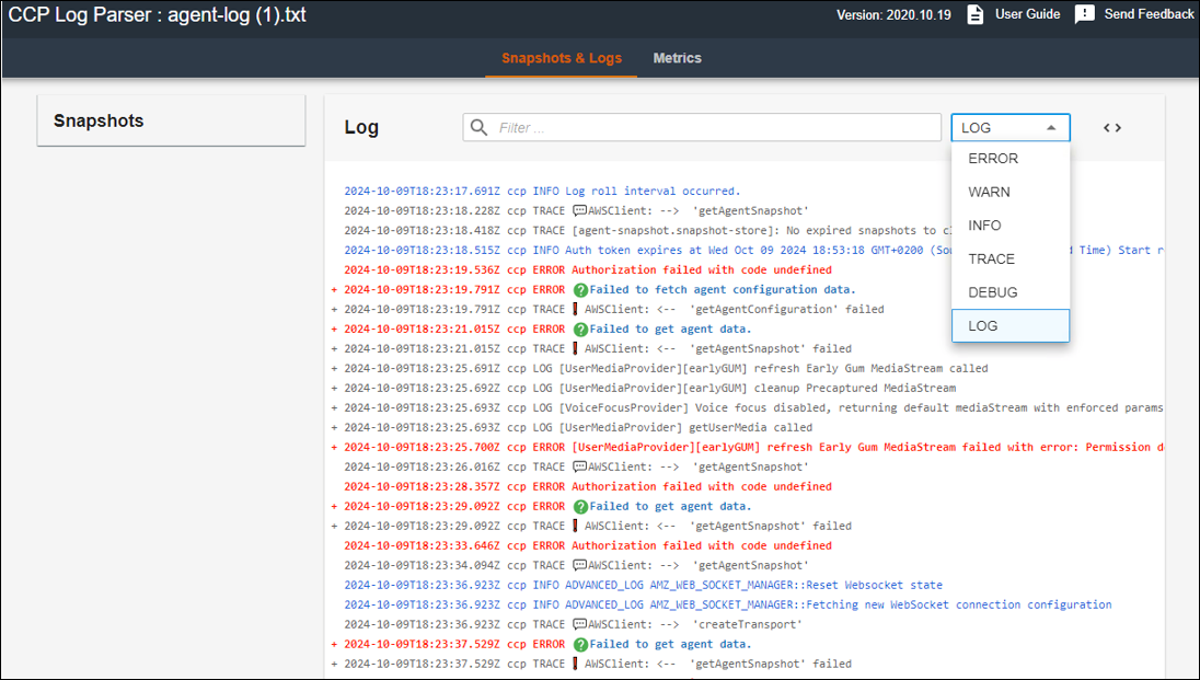 O analisador de logs do CCP exibindo entradas de log do atendente analisadas com detalhes expansíveis.