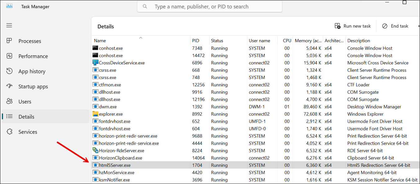 Gerenciador de tarefas e o processo html5server.exe em execução.