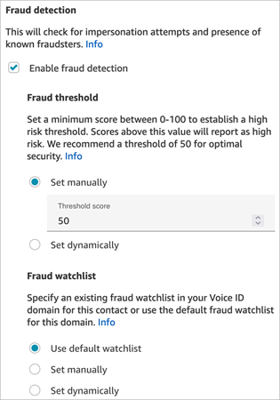 A seção Detecção de fraudes do bloco Definir ID da voz.