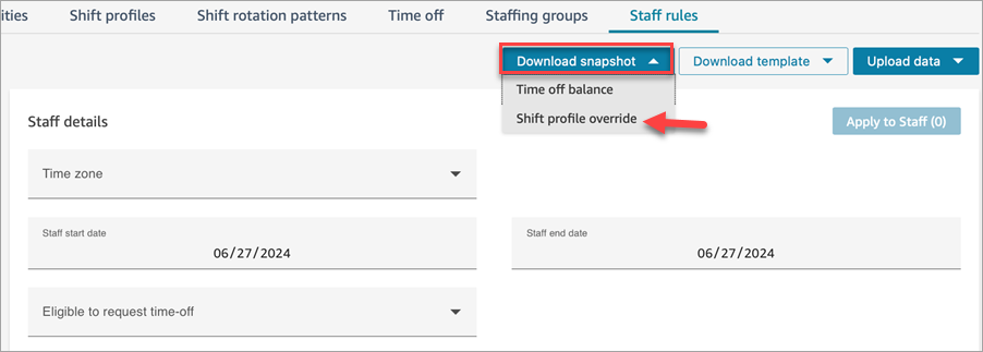A página “Regras da equipe”, a opção “Baixar snapshot”, “Substituição de perfil de turno”.