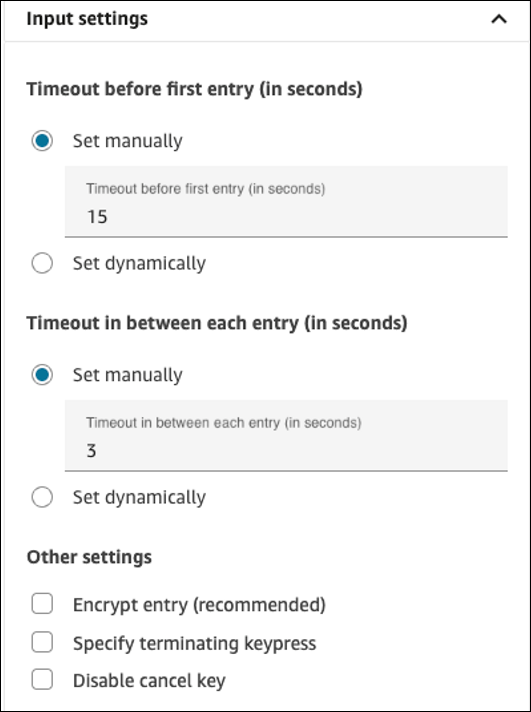 A seção Configurações de entrada da página de propriedades.
