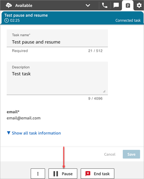 O botão Pausar no CCP.