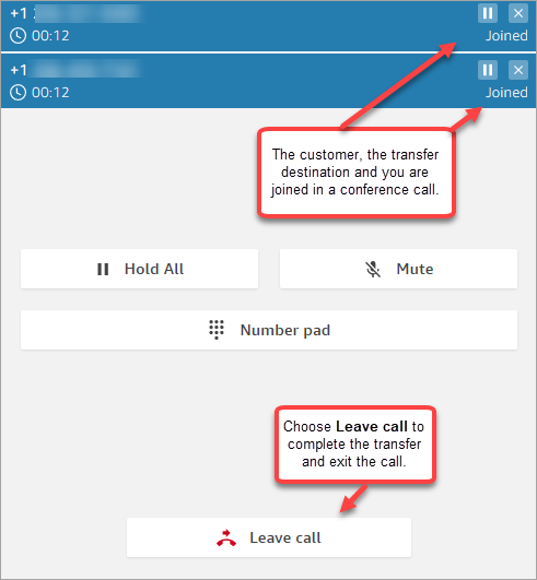 Uma chamada de conferência e o botão de Sair da chamada.