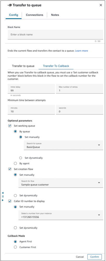 A página de propriedades do bloco Transferir para fila, a guia Transferir para o retorno de chamada.