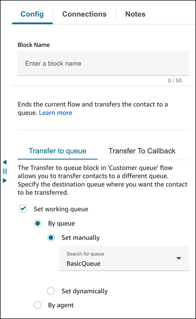 A página de propriedades do bloco Transferir para a fila, a guia Transferir para fila de retorno de chamada.