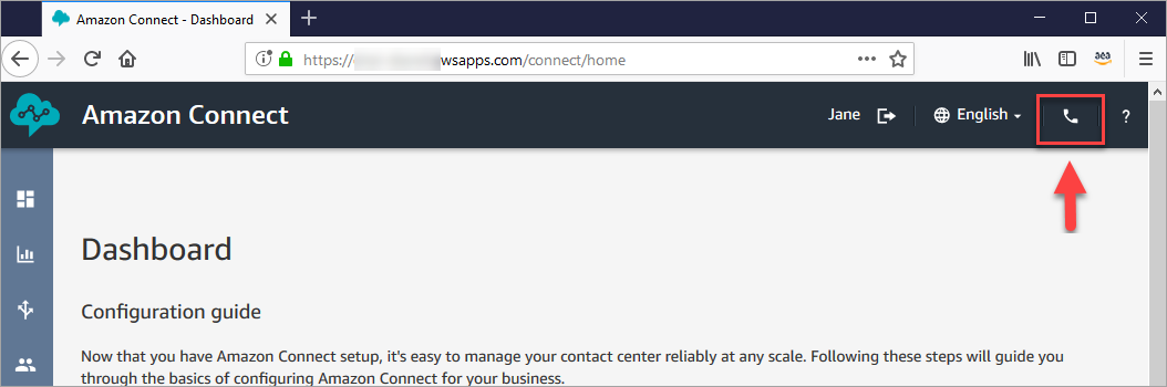 O ícone de telefone na parte superior do console do Amazon Connect que inicia o CCP.
