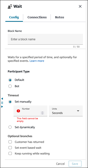 As configurações, o bloco de espera, a guia Configuração.