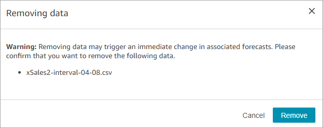 Uma mensagem de aviso informando que a remoção de dados acarreta uma alteração imediata nas previsões associadas.